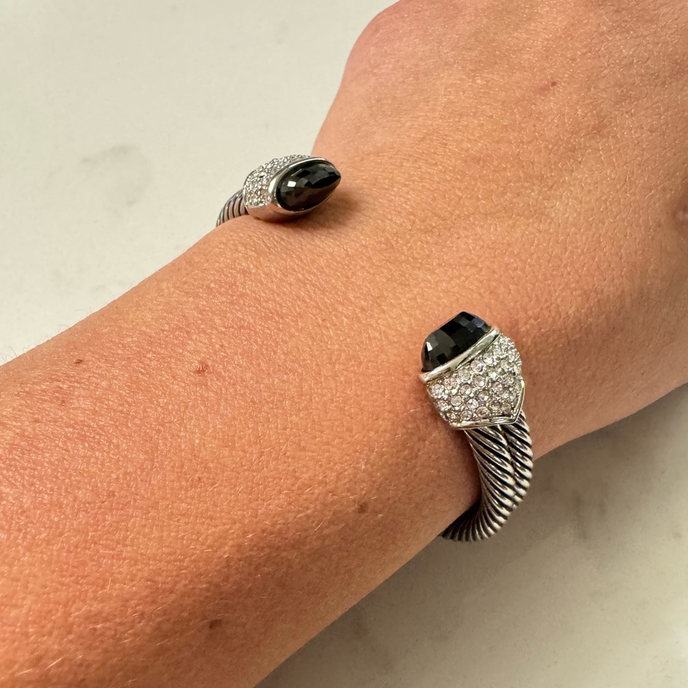 Cable Cuff Bracelet with Black Crystals and CZ, Silver Tone Adjustable Open Cuff